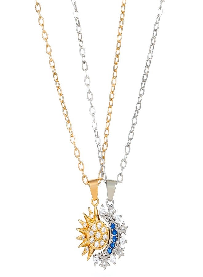 MarveBard Sun Moon Necklace Set Stackable Necklace for Women Men Sparkling Gold Silver Rhinestone Sun Pendant Necklace Couple Necklaces Matching Necklaces as Friendship Best Friend Jewelry for Women Men (Gold+Silver) - Image 1